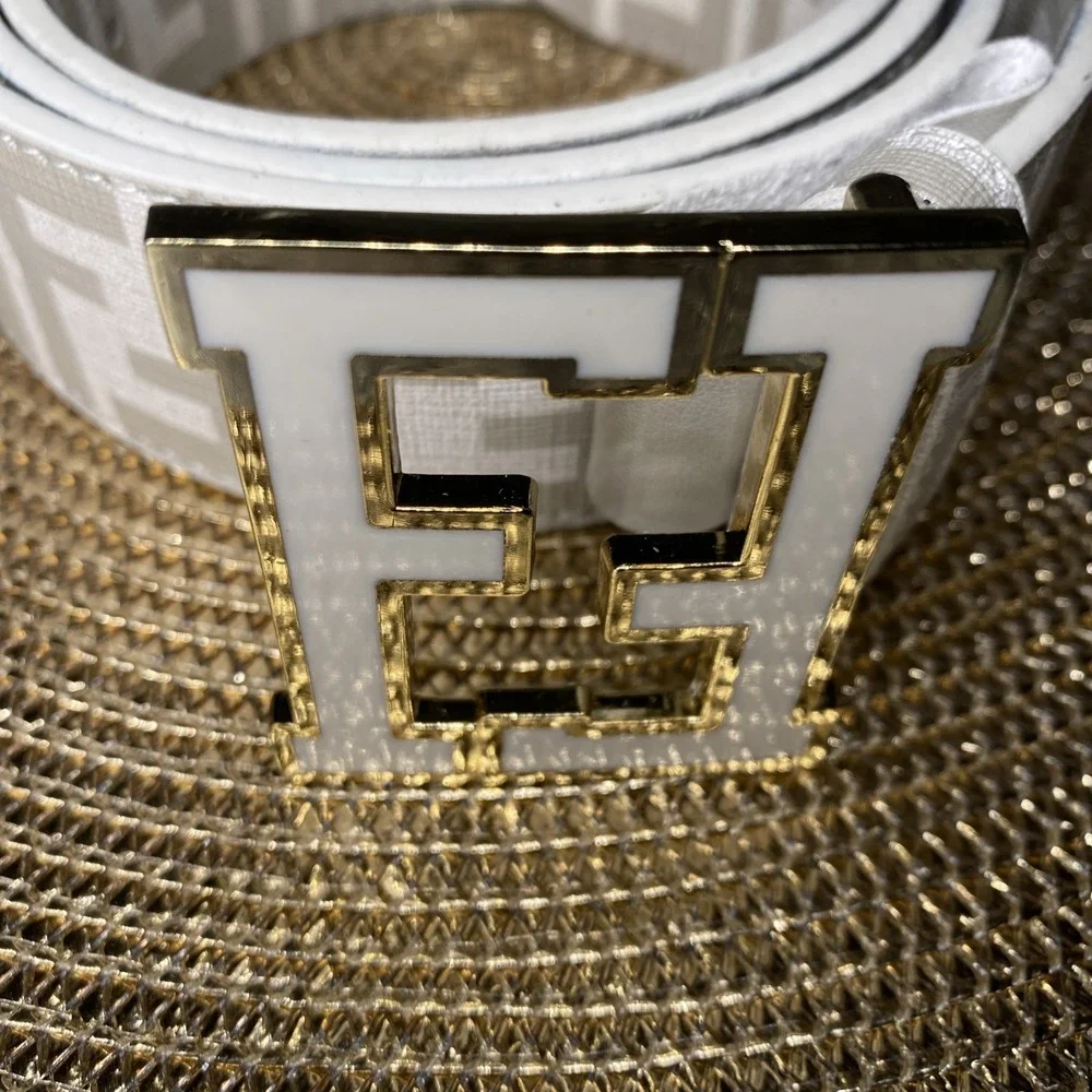 FF Monogram Fashion Belt White Gray Gold Tone F Buckle Size 36/45